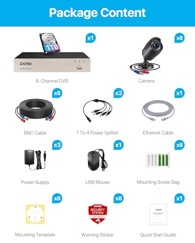 ZOSI 8CH CCTV Camera System with AI Human Vehicle Detection, 5MP Lite DVR and 8x 1080p 1920TVL Security Cameras Outdoor Indoor, Email Alert, Smart Playback, 80ft IR-Night Vision, 1TB Hard Drive