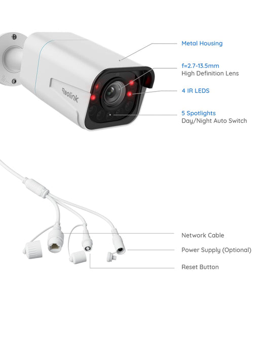 Reolink 4K PoE Security Camera with Human/Vehicle Detection, 5X Optical Zoom with Spotlight, Color Night Vision Motion Alerts Time-Lapse Two-Way Audio, RLC-811A