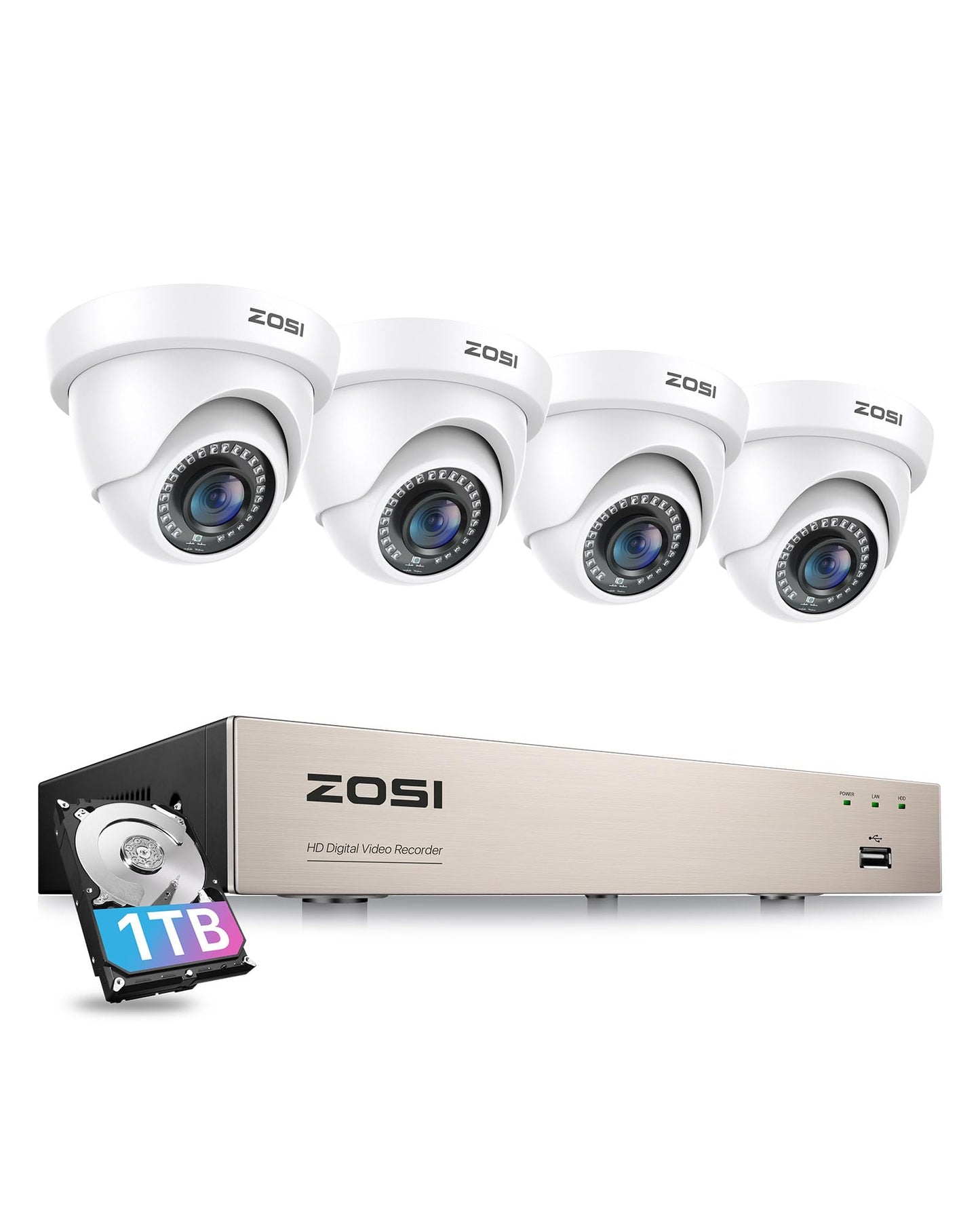 ZOSI 8 Channel 1080P CCTV Camera System with AI Human Vehicle Detection, 5MP Lite H.265+ DVR with 1TB Hard Drive and 4x 1080P 2MP Dome Security Cameras Indoor Outdoor with Night Vision,Remote Access