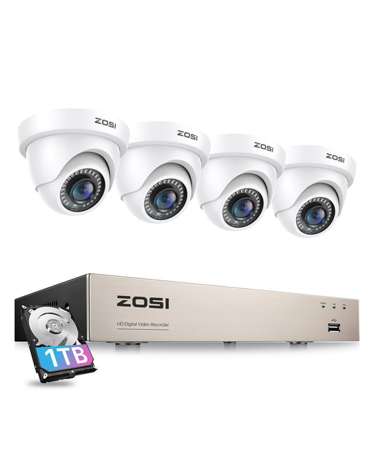 ZOSI 8 Channel 1080P CCTV Camera System with AI Human Vehicle Detection, 5MP Lite H.265+ DVR with 1TB Hard Drive and 4x 1080P 2MP Dome Security Cameras Indoor Outdoor with Night Vision,Remote Access