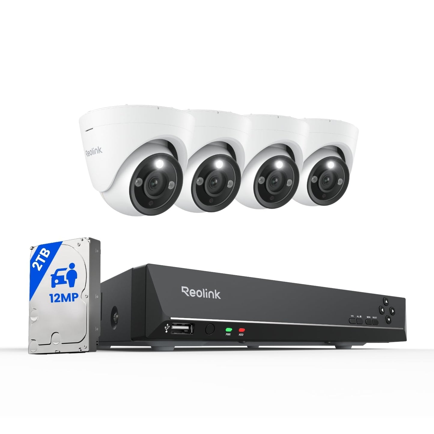 Reolink 4K+ PoE CCTV Security Camera System with Spotlights, 4X 12MP IP Cameras with Person/Vehicle Detection, 8CH NVR with 2TB HDD for 24/7 Continuous Recording, 2-Way Audio, RLK8-1200D4-A