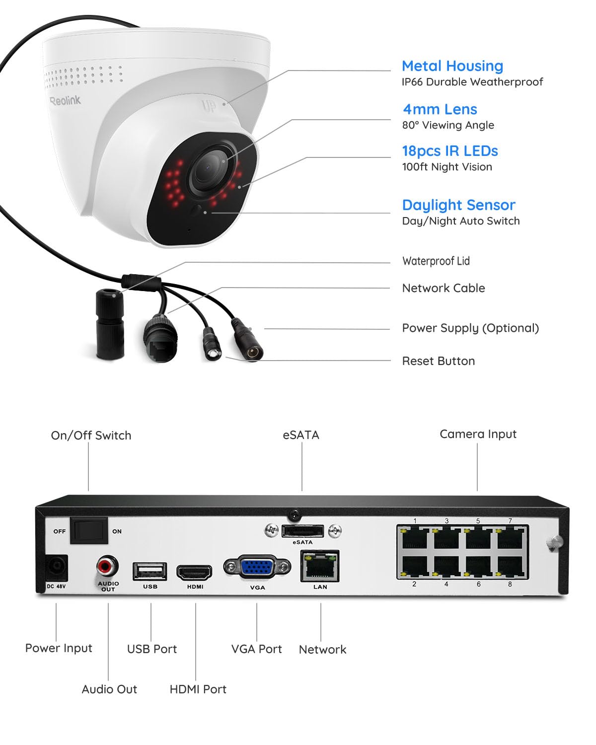 Reolink 4K NVR 8CH PoE CCTV Security Camera System, with 2TB HDD and 4X 5MP Motion Detection Outdoor PoE IP Cameras, 100ft Night Vision Remote Access, RLK8-520D4-5MP