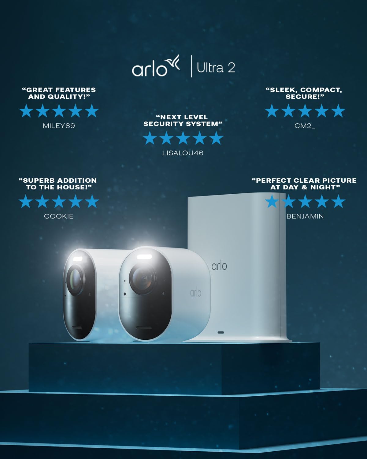 Arlo Ultra 2 Security Camera Outdoor, 4K UHD, Wireless CCTV, 6-Month Battery, Colour Night Vision, Weatherproof, Bright Spotlight, 2-Way Audio, 2 Cam Kit, Arlo Secure Trial Included, Black