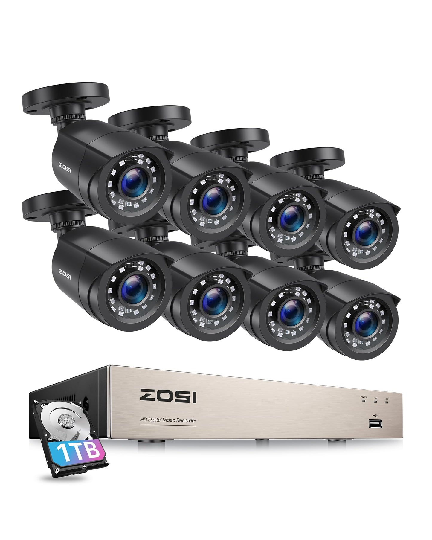 ZOSI 8CH CCTV Camera System with AI Human Vehicle Detection, 5MP Lite DVR and 8x 1080p 1920TVL Security Cameras Outdoor Indoor, Email Alert, Smart Playback, 80ft IR-Night Vision, 1TB Hard Drive