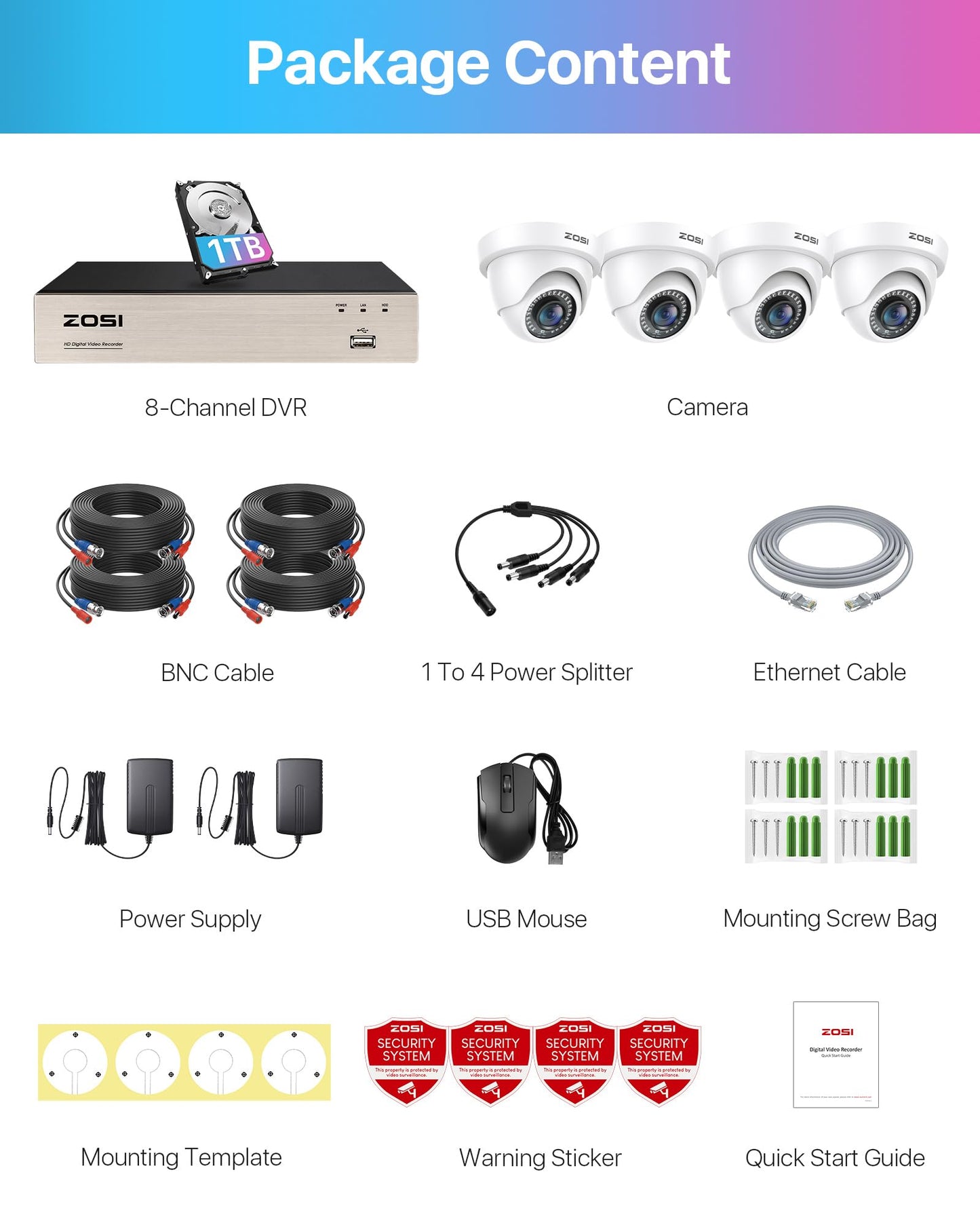 ZOSI 8 Channel 1080P CCTV Camera System with AI Human Vehicle Detection, 5MP Lite H.265+ DVR with 1TB Hard Drive and 4x 1080P 2MP Dome Security Cameras Indoor Outdoor with Night Vision,Remote Access