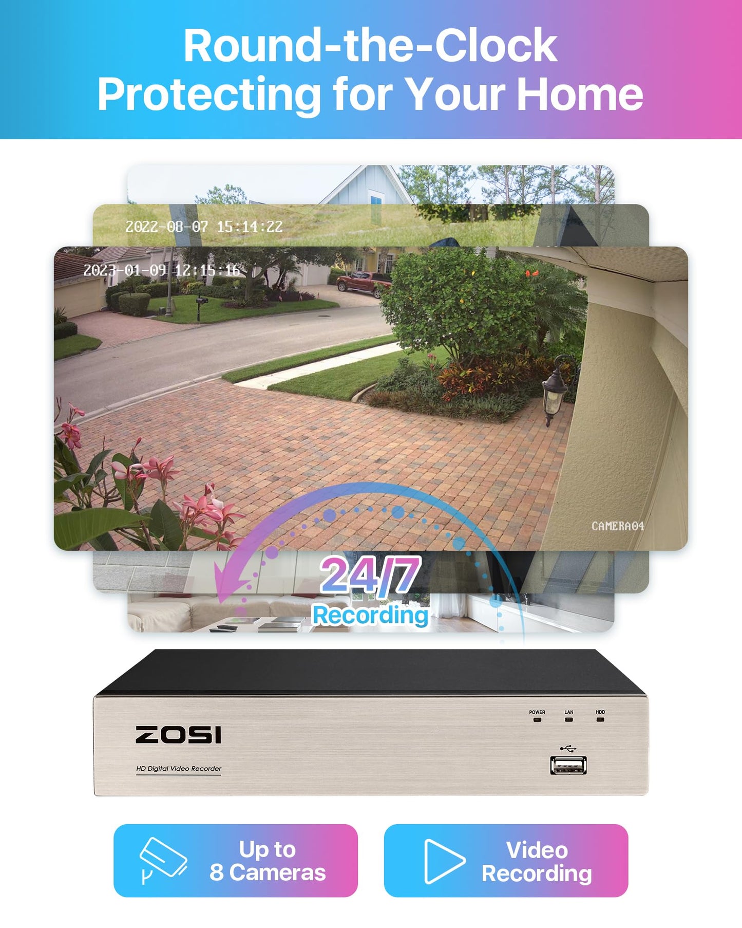 ZOSI 8CH CCTV Camera System with AI Human Vehicle Detection, 5MP Lite DVR and 8x 1080p 1920TVL Security Cameras Outdoor Indoor, Email Alert, Smart Playback, 80ft IR-Night Vision, 1TB Hard Drive