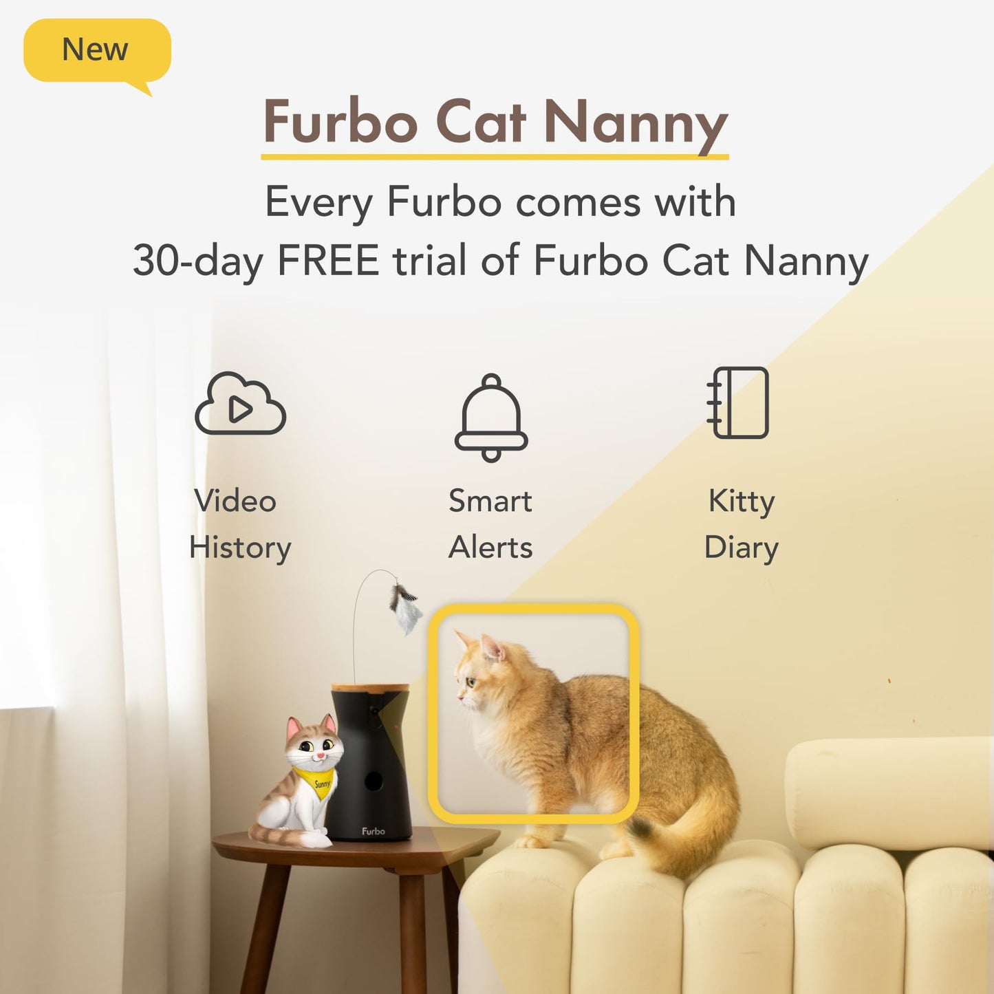 Furbo 360° Cat Camera [BASIC CAMERA]: Pet Monitor w/App, Rotating 360° View, Colour Night Vision, Auto-Tracking, Treat-toss, Meowing Alert. Loved by millions of pet parents worldwide